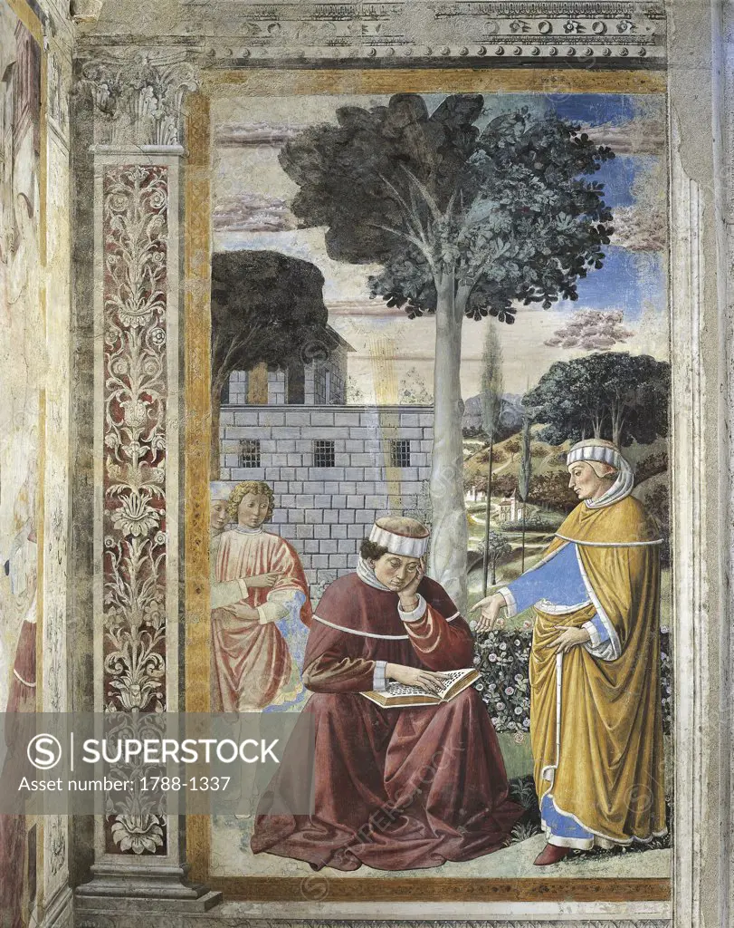 Italy - Tuscany Region - San Gimignano - Church of St. Agostino - Stories of St. Agostino by Benozzo Gozzoli - The Saint reads St. Paul's epistles (1465) - Fresco