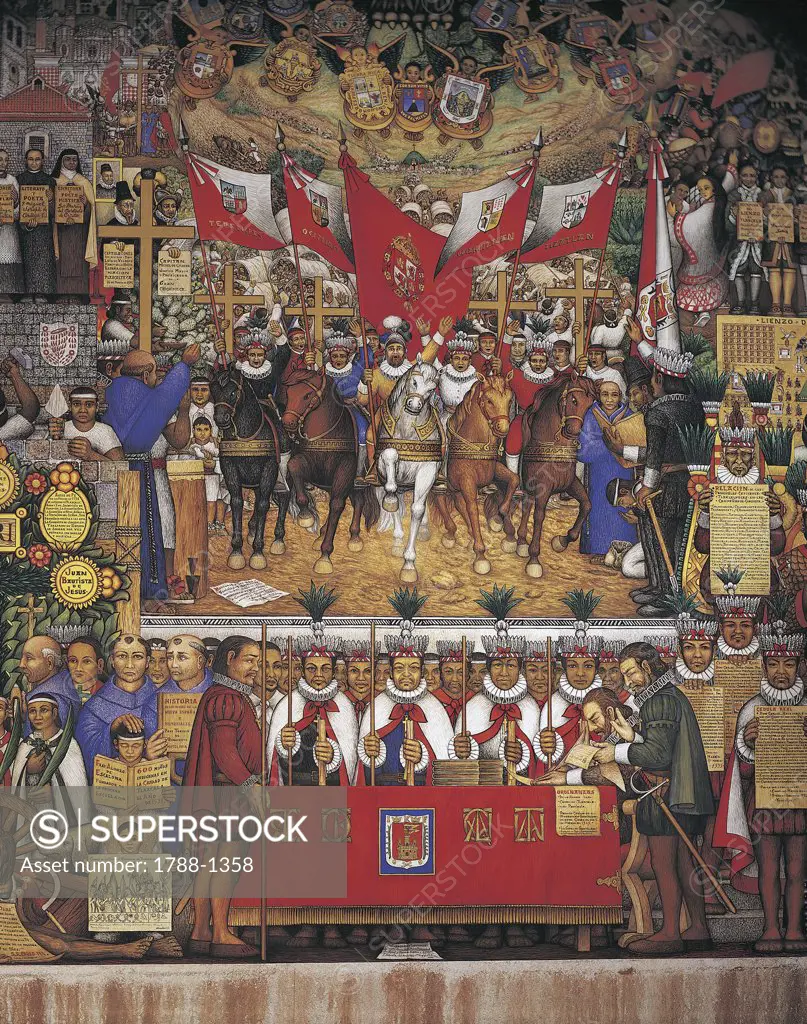Mexico - Tlaxcala - Palace of the Governor - Mural painting by Desiderio Hernandez Xochitiotzin (1922- )- The meeting of the Spanish and the Tlaxcaltecas in 16th century