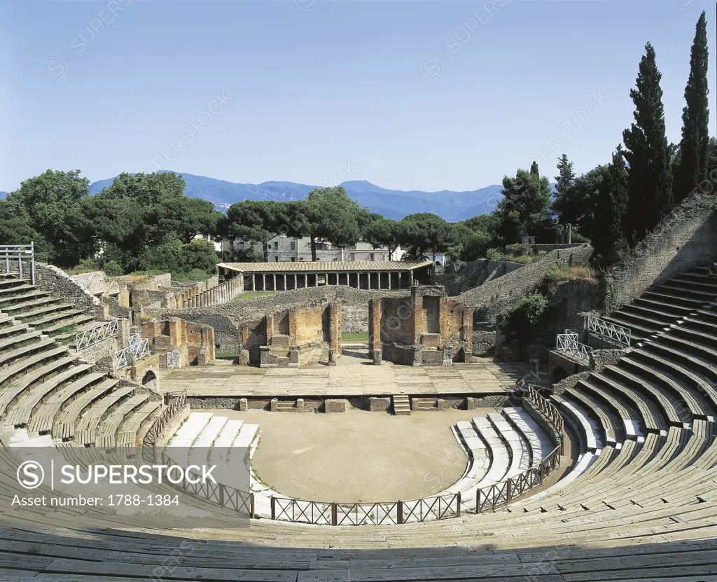 High angle view of an amphitheatre, Teatro Grande, Pompeii, Campania Region, Italy