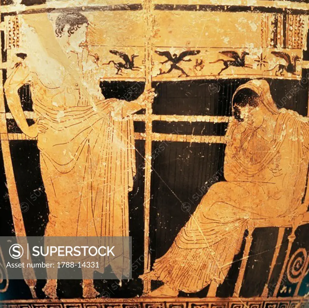 Red-figure pottery. Attic skyphos by the painter of Thelemacus portraying Penelope and Telemachus