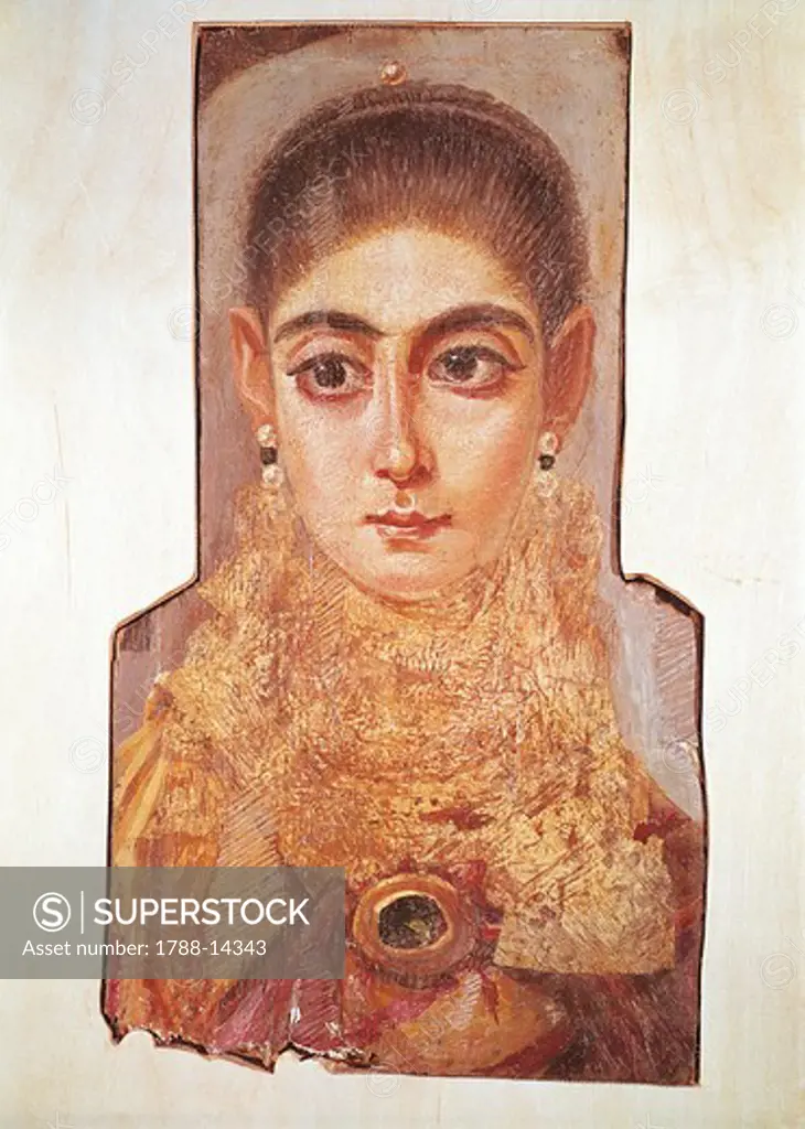 Hellenistic Ptolemaic Period, Funeral portraits of Fayoum or Fayyum. Portrait of a young woman, encaustic decoration on gilded table, 42x24 cm., From El Fayyum Oasis (Egypt)