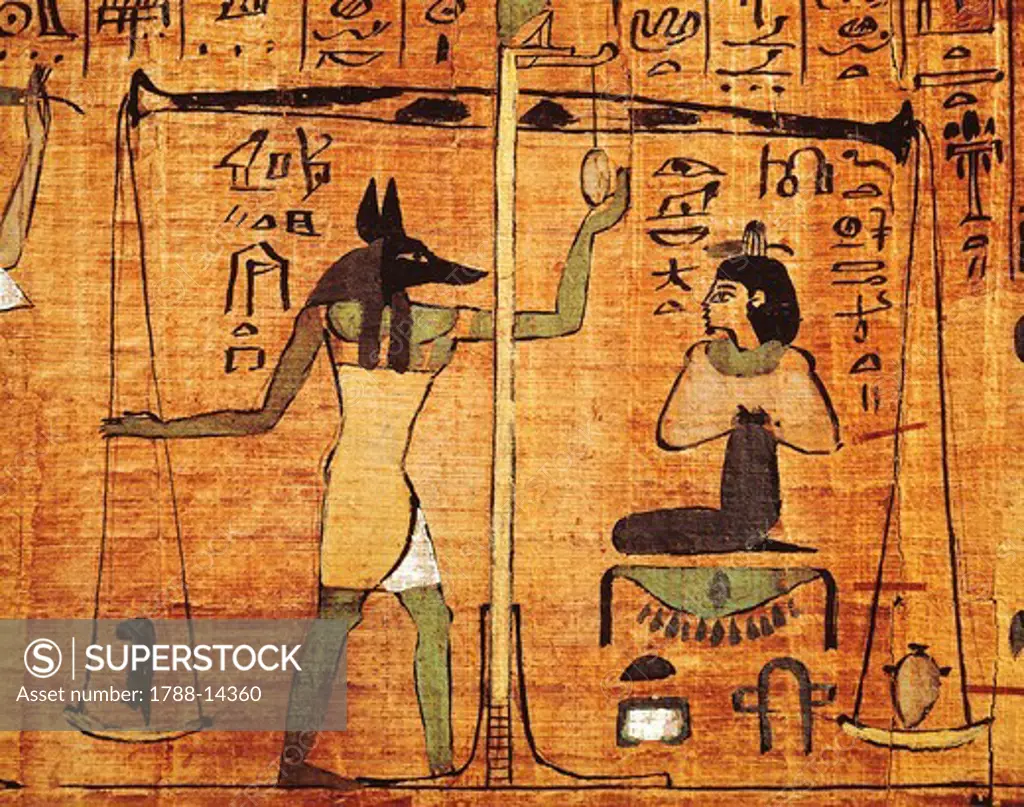 Papyrus from 'The Book of The Dead', Anubis during the weighing of the souls (psychostasy)
