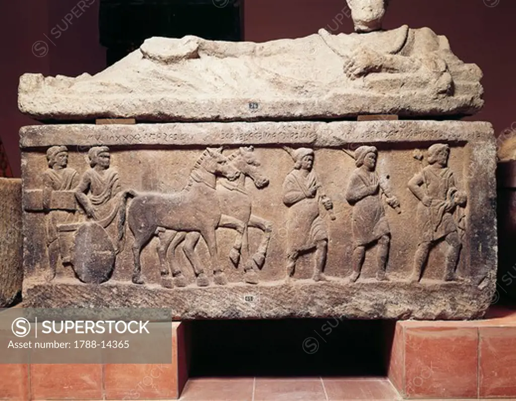 Sarcophagus depicting court scenes, from Tuscania, Lazio Region, left, magistrate on chariot
