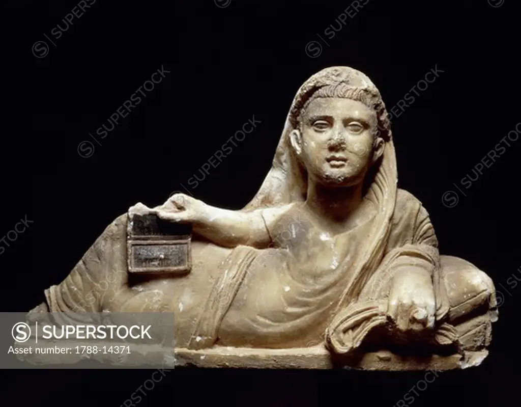 Urn lid featuring deceased person holding up diptych, from Volterra, Pisa Province, Italy