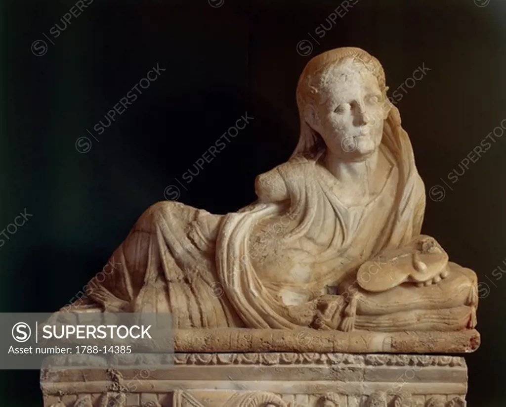 Alabaster urn featuring Haruspex priest holding up sheep's liver from Volterra, Pisa Province, Italy