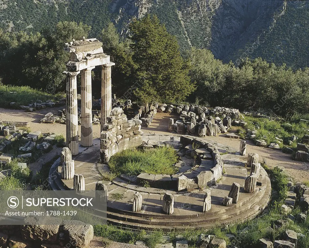 High angle view of the old ruins of a temple, The Tholos, Sanctuary Of Athena Pronaia, Delphi (UNESCO World Heritage Site, 1987), Greece