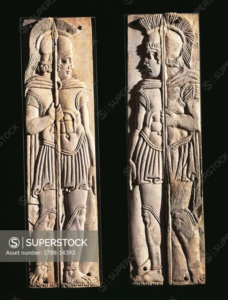 Roman civilization, pair of bone carvings of warriors, from Praeneste, Lazio Region, Italy