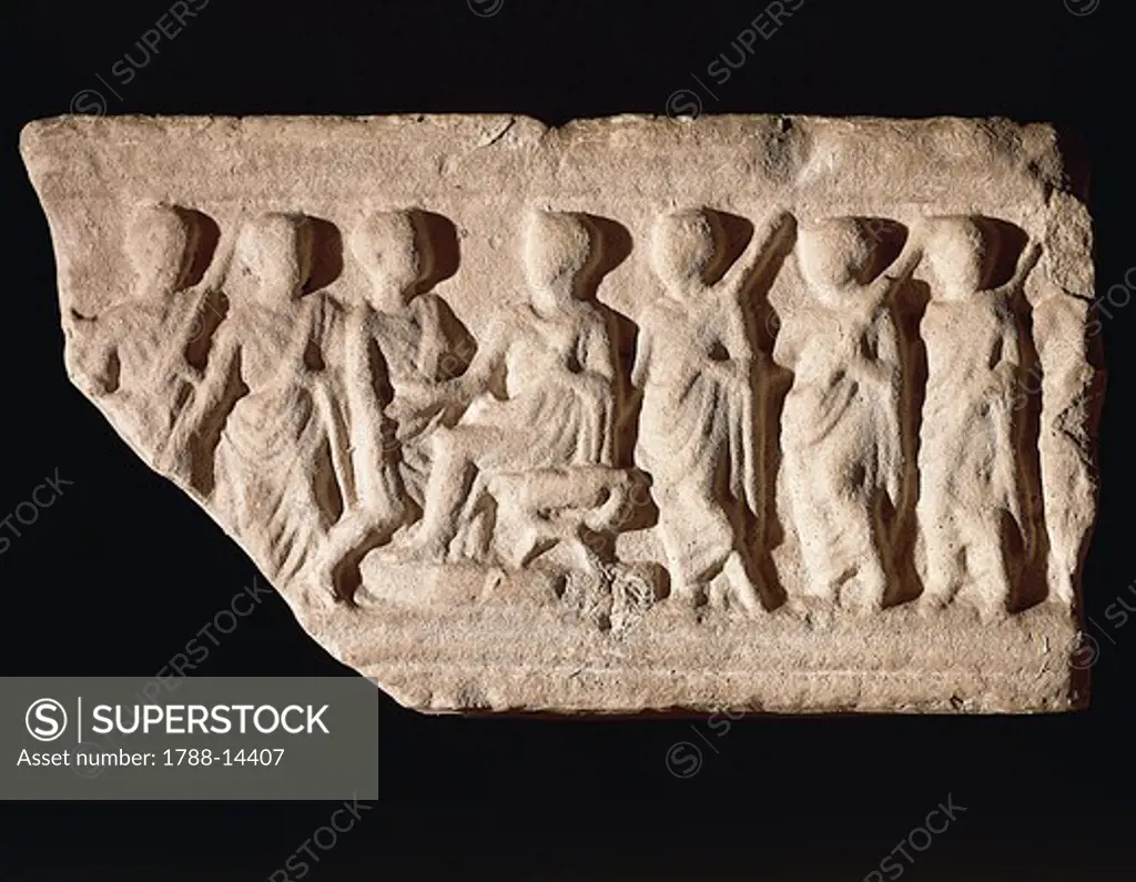 Roman civilization, relief portraying magistrate sitting on 'bisellium' and surrounded by lictors and figures