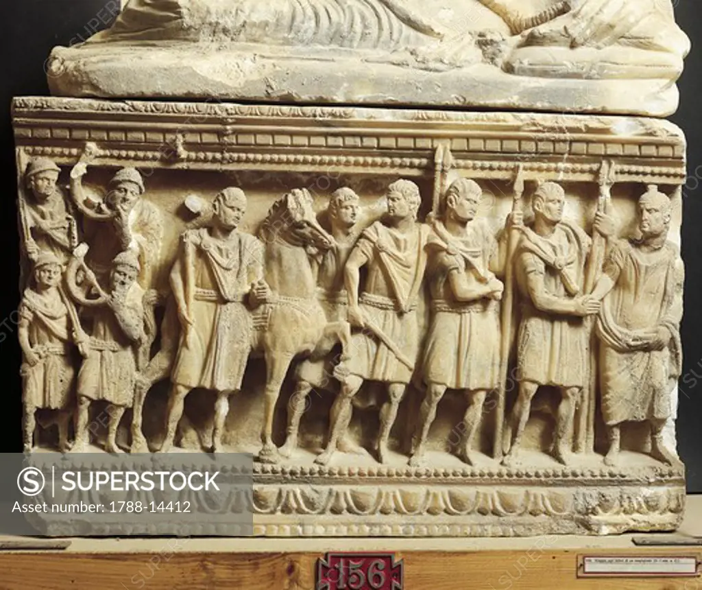 Etruscan civilization, alabaster urn featuring scene of final farewell to magistrate, from Volterra, Italy