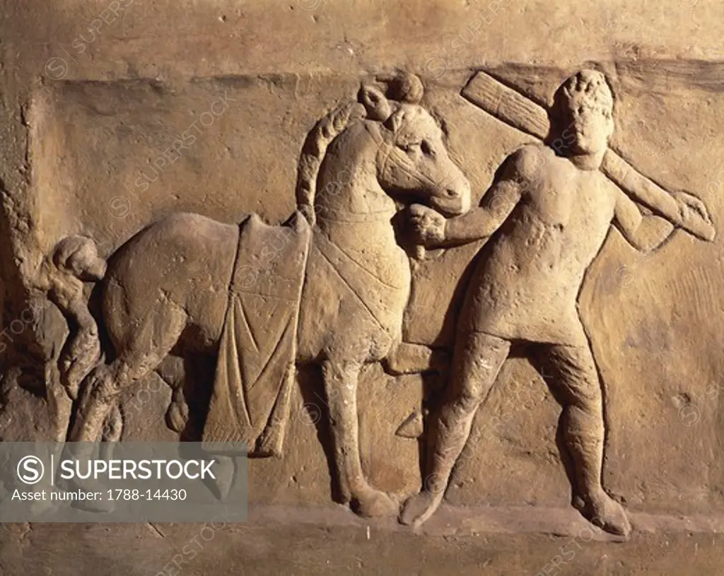 Roman civilization, Oclazio stela, relief portraying soldier leading horse
