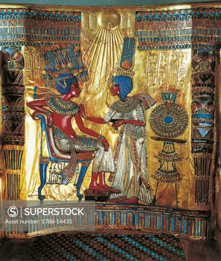 Egyptian civilization, Tutankhamen's treasures, back of throne inlaid with cornelian, turquoise and lapis lazuli, scene with queen offering king drink, from Valley of Kings, Tutankhamon's Tomb