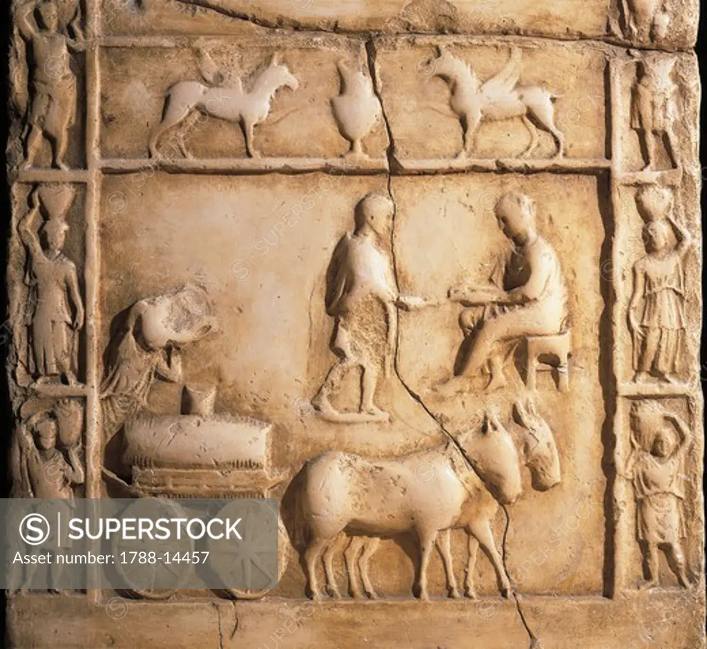 Veiquasio Optato's stele, Detail from relief with farm cart, mules and farmer who is pouring wine into cask on cart