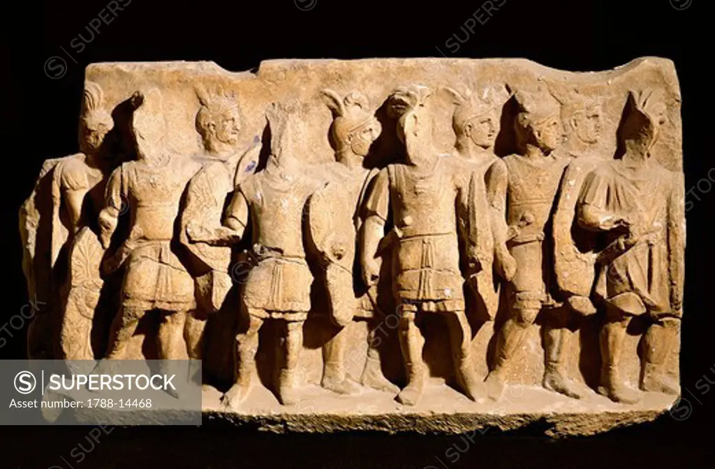 Relief portraying legionnaire in typical armor of order, from Cuma, Campania Region, Italy