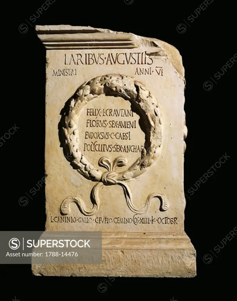 Augustan altar of Lares, Relief with oaken crown and names of four ministers of Vicus Stataematris, fire god with power to stop fires