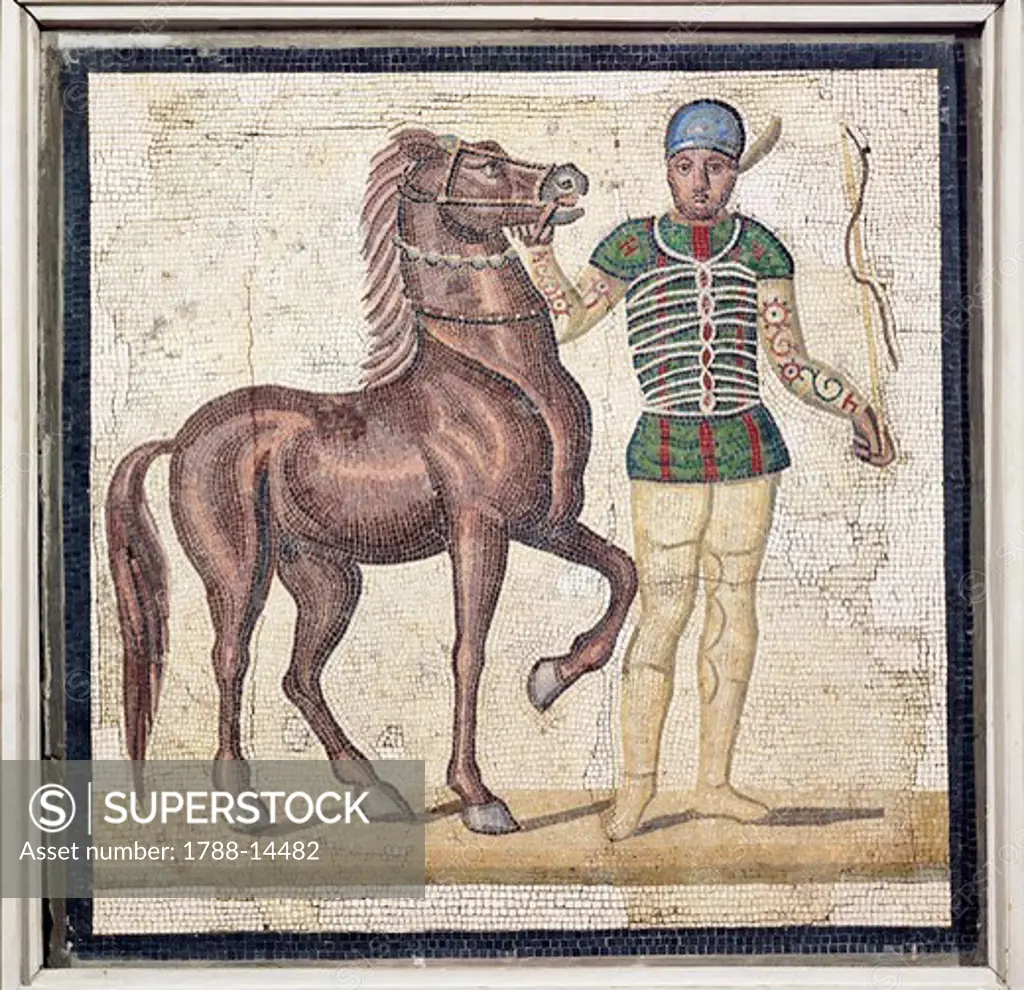 Polychrome mosaic portraying charioteer in one of four Circus teams