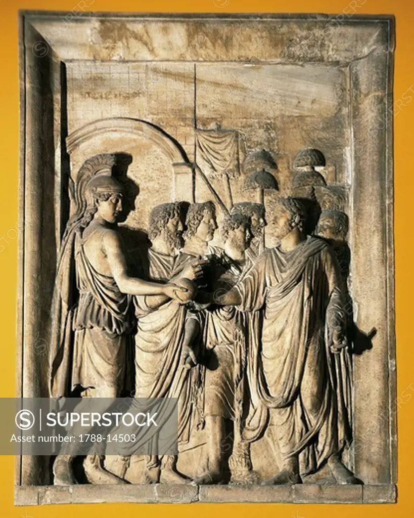 Relief from arch erected by Antonino Pius in honour of Hadrian, Emperor Hadrian reentering Rome from one of his frequent travels