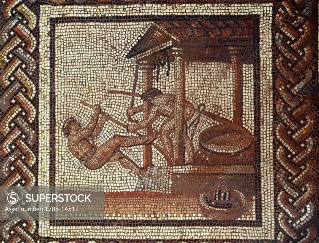 Mosaic of rustic calander divided into 32 squares, Depicting olive pressing, from Saint-Romain-en-Gal (France)