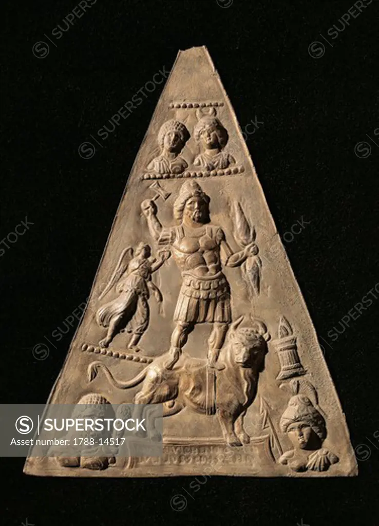 Votive slab in triangular form with Jupiter Dolichenus, Apollo, Minerva, Diana and Syriac Juno, from Hungary