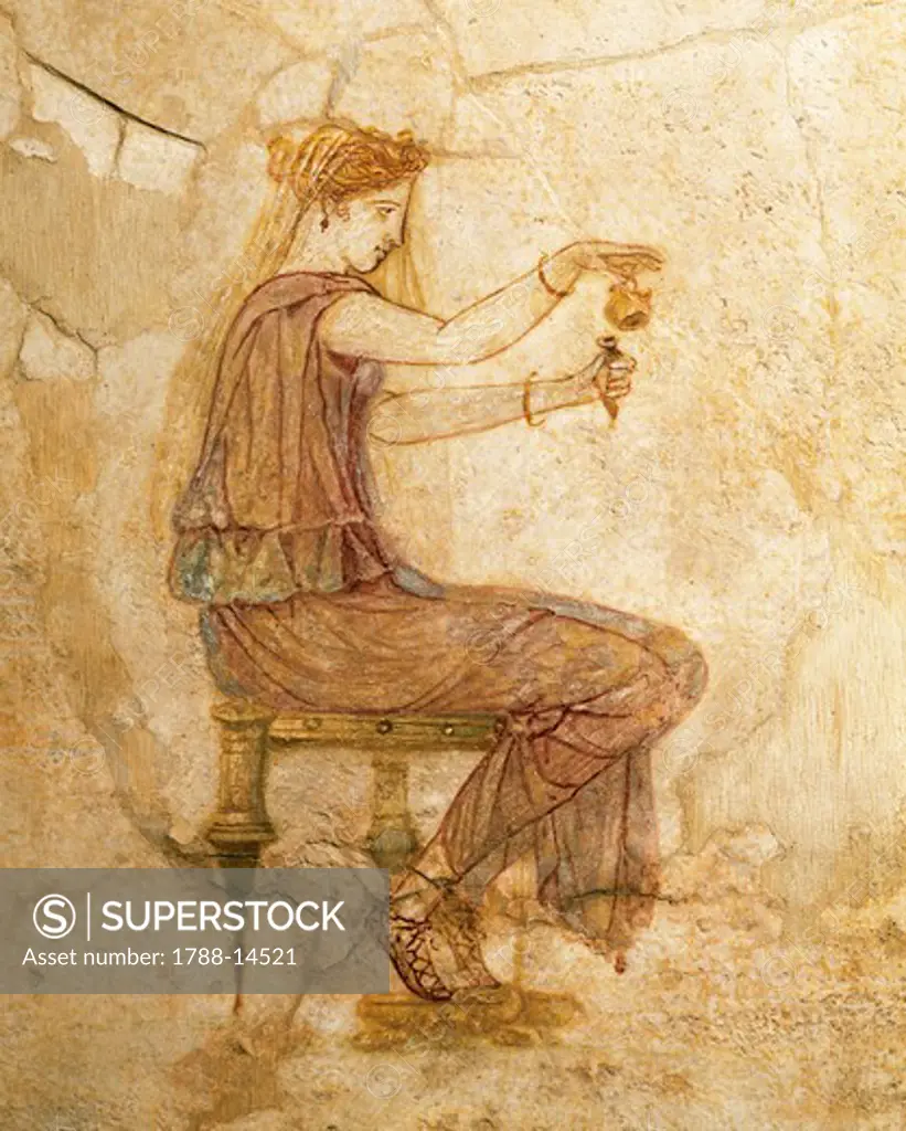 Fresco depicting seated lady pouring perfume into jar, from Casa Farnesina, Rome