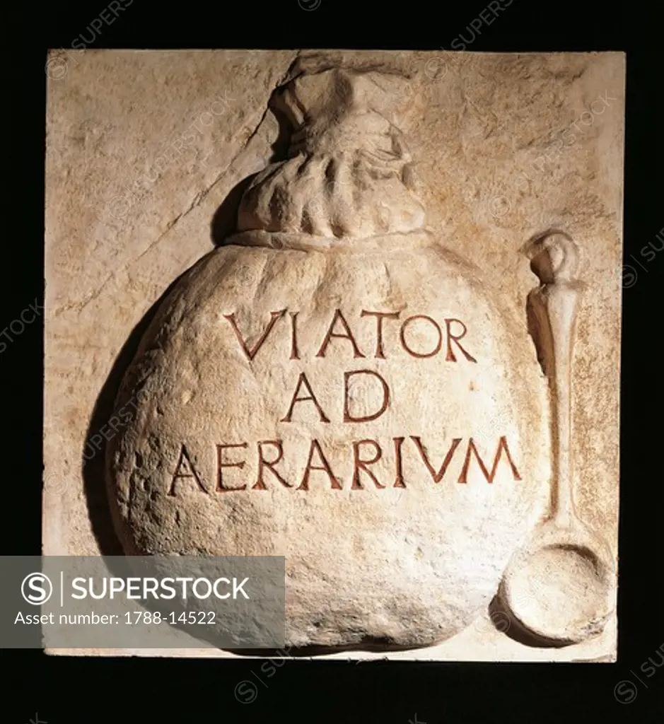 Relief portraying round bag with inscription 'Viator ad Aerarium' used by Viatores (employees) of National Treasury.