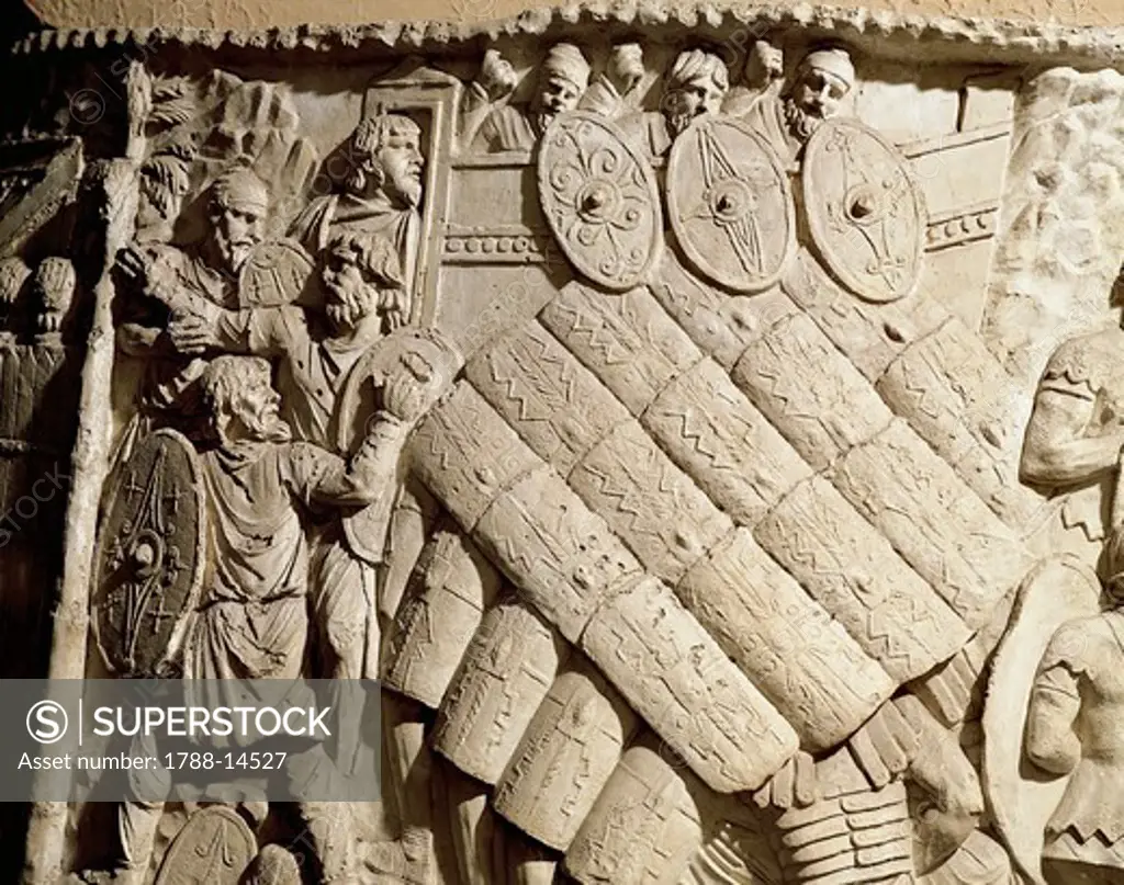 Model of Trajan's Column (Rome), detail, Attack on Dacica fortress