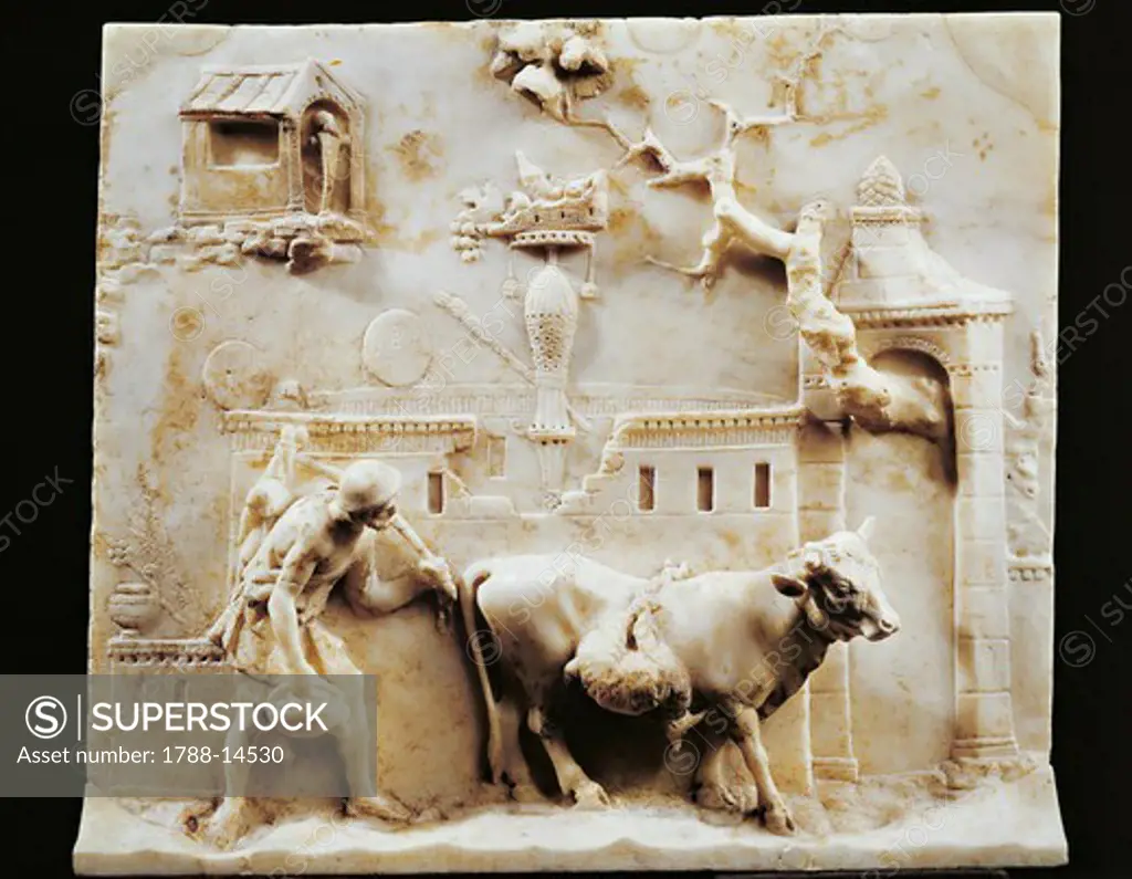 Marble relief portraying farmer taking cows to market