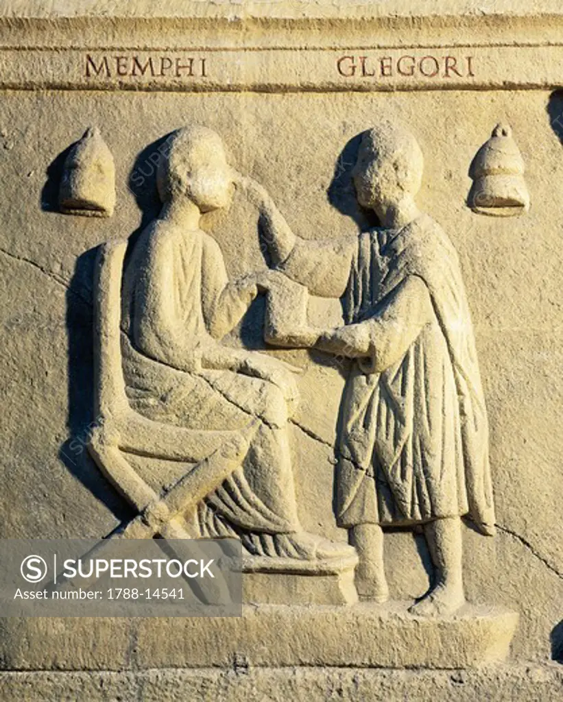 Roman civilization, relief portraying ophthalmologist examining patient
