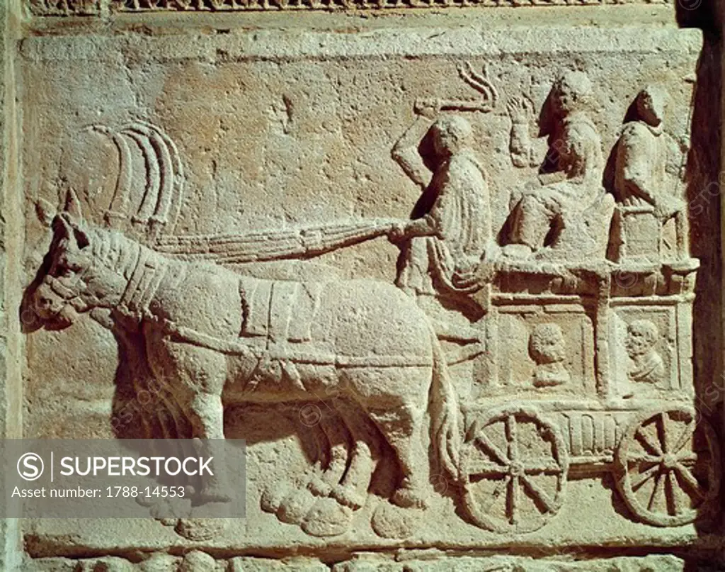 Roman civilization, relief depicting travel scene, from Vaison-la-Romaine, France