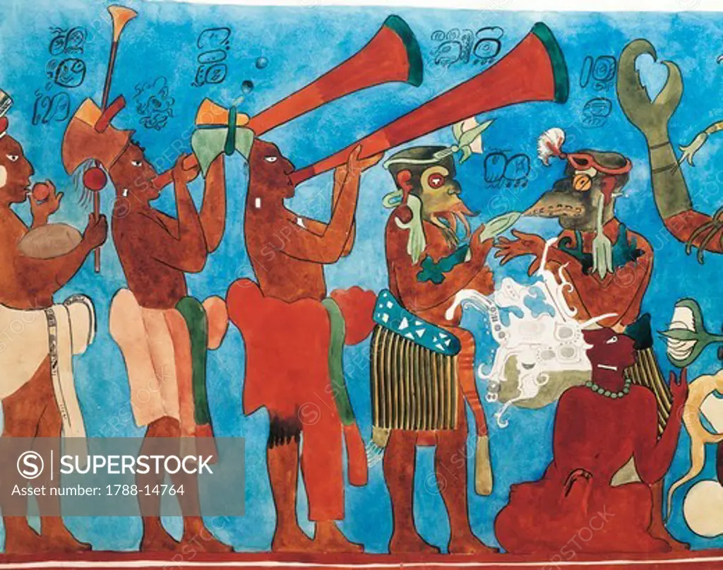 Mexico, Chiapas, Bonampak, reproduction of Bonampak frescos, detail with musicians