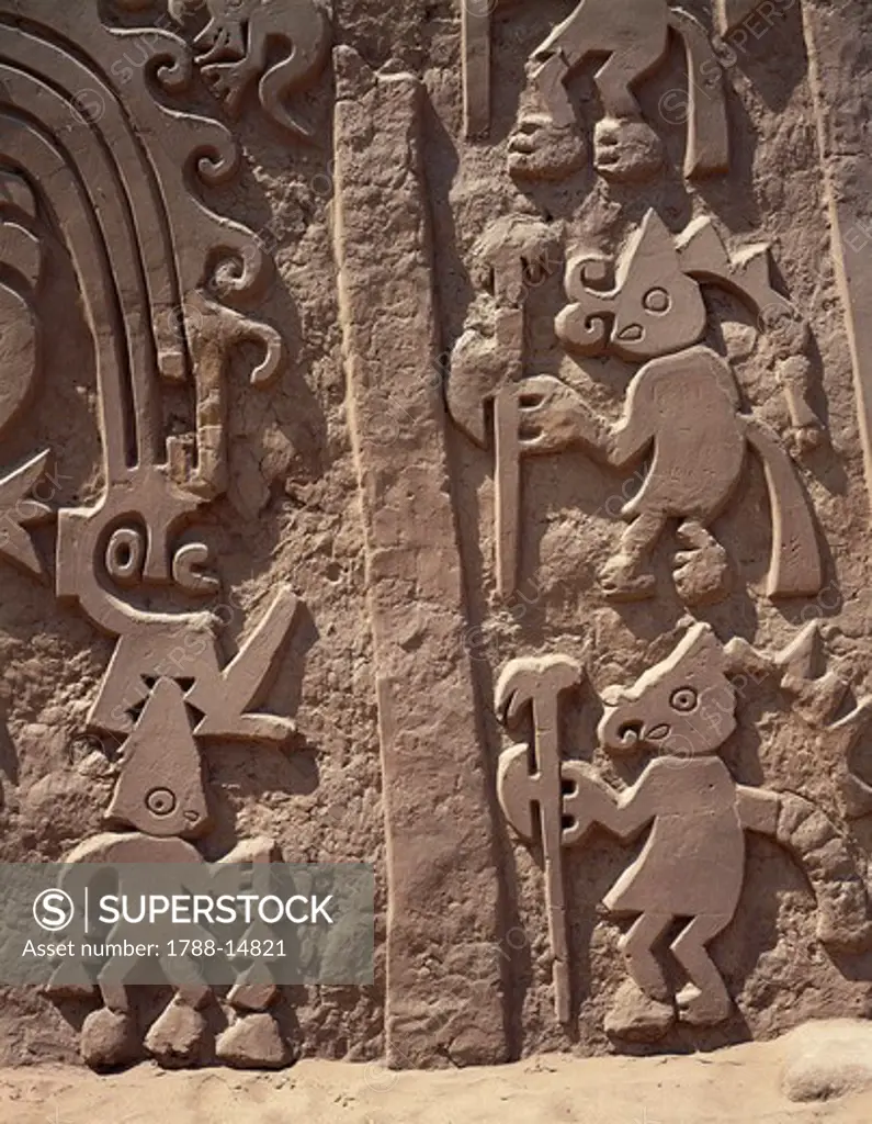 Peru, Pre-Inca civilization, Chimu civilization, Huaca Dragon pyramid, close up of bas relief from adobe temple, Chan Chan archaeological site
