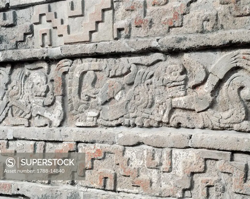 Mexico, Coatepantli ('The wall of the snakes'), Toltec civilization. Close up of reliefs from Tula archaeological site