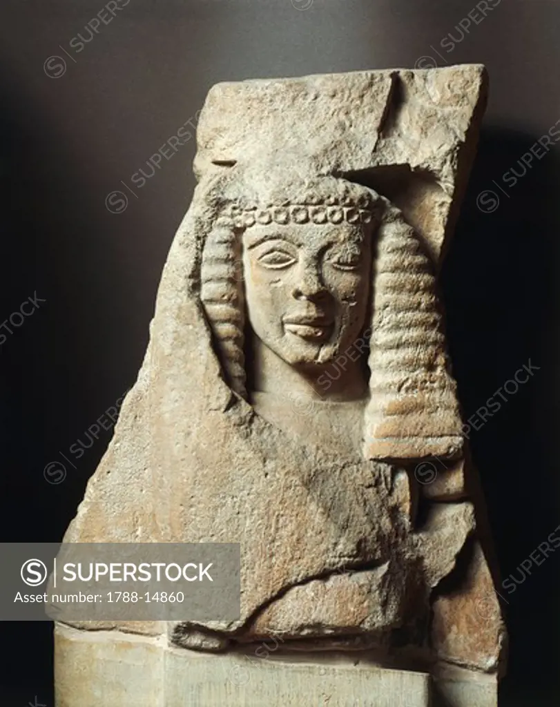 Greek civilization, metope fragment with female figure. From Mycenae