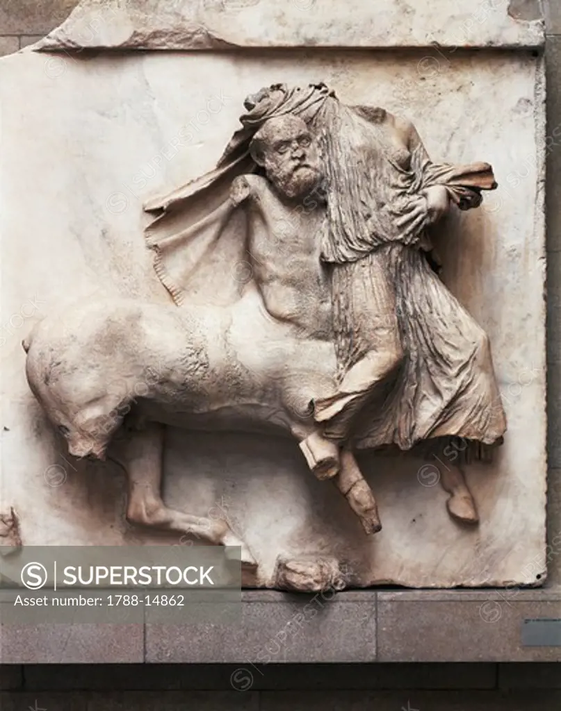 Greek civilization, centaur battling with Lapith woman. Detail from the metope of Parthenon