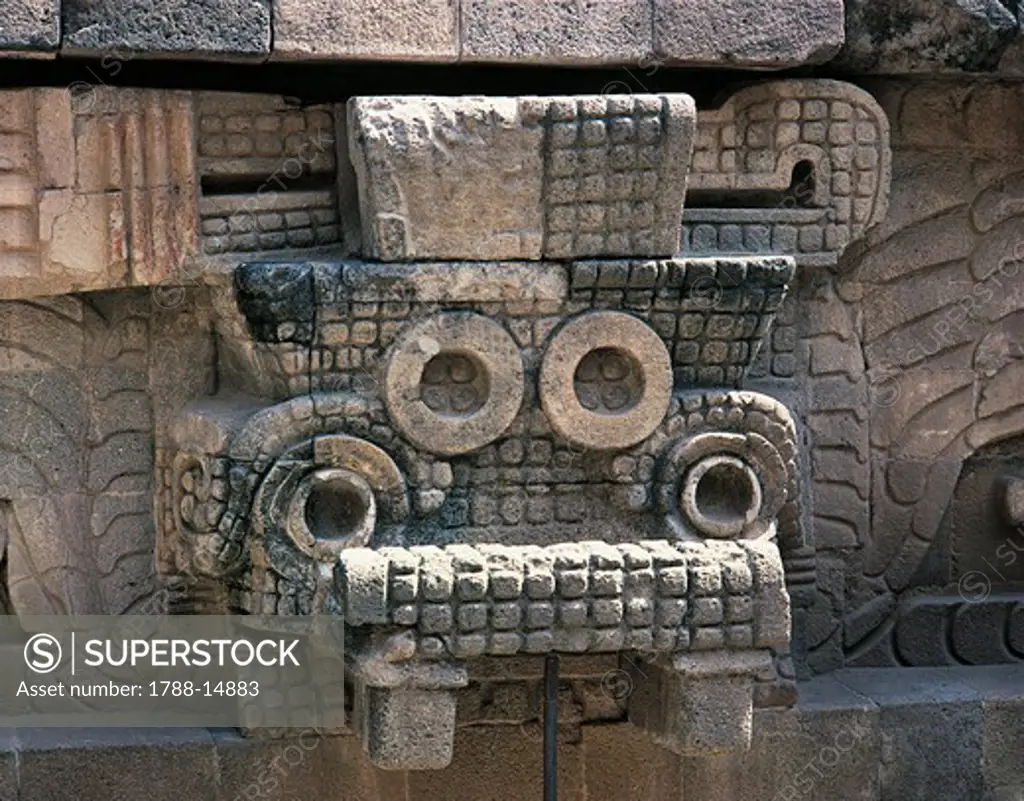 Mexico, Mexico City, Teotihuacan archeological site, Quetzalcoatl (Snake God) Temple, Details of sculpture depicting Tlaloc (Aztec rain god)
