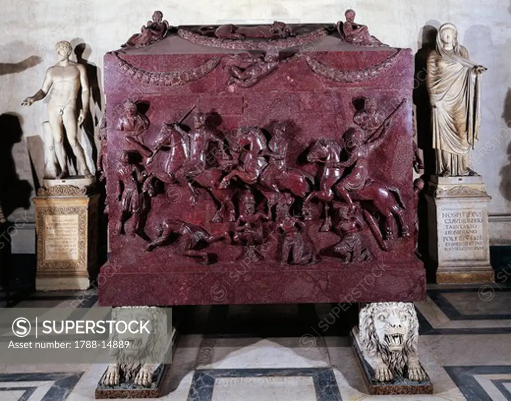 Porphyry sarcophagus known as Saint Helen, detail depicting Roman knights and barbarians