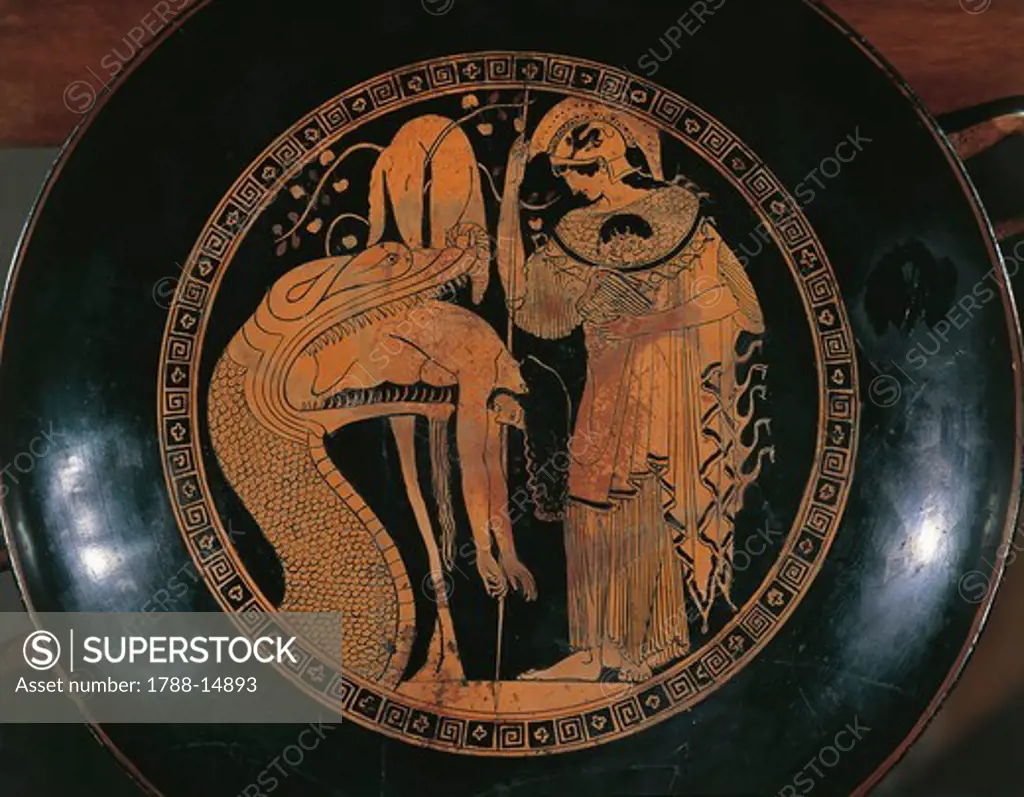 Kylix depicting Athena armed with aegis shield and Jason escaping from jaws of dragon