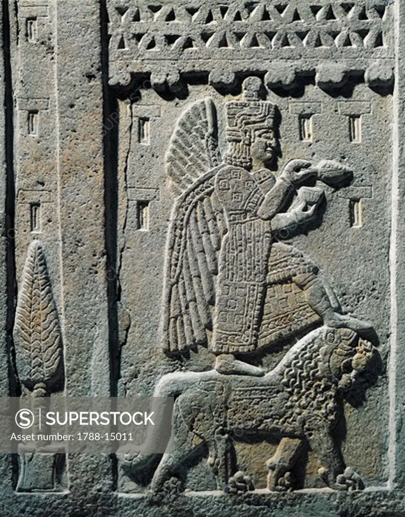 Hittite civilization, Relief portraying winged god on lion. From Ourartu, Armenia