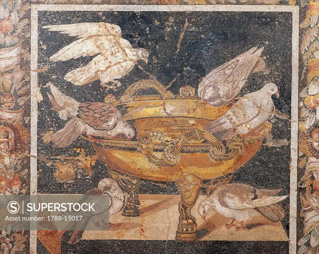 Roman civilization, Floor mosaic depicting doves. From Pompeii