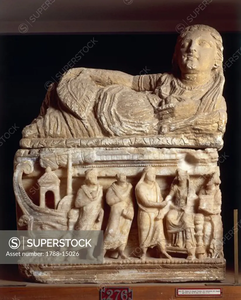 Etruscan civilization, Alabaster urn with funeral scene with details of journey by sea to underworld