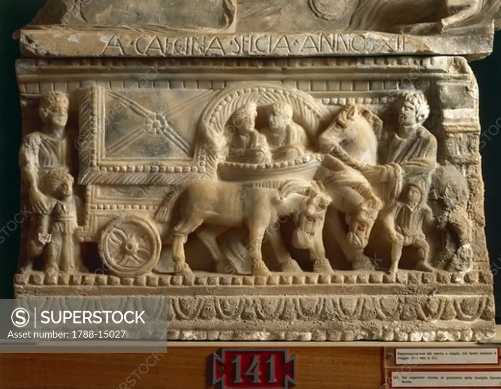 Etruscan civilization, Alabaster urn portraying husband and wife who make journey into underworld together