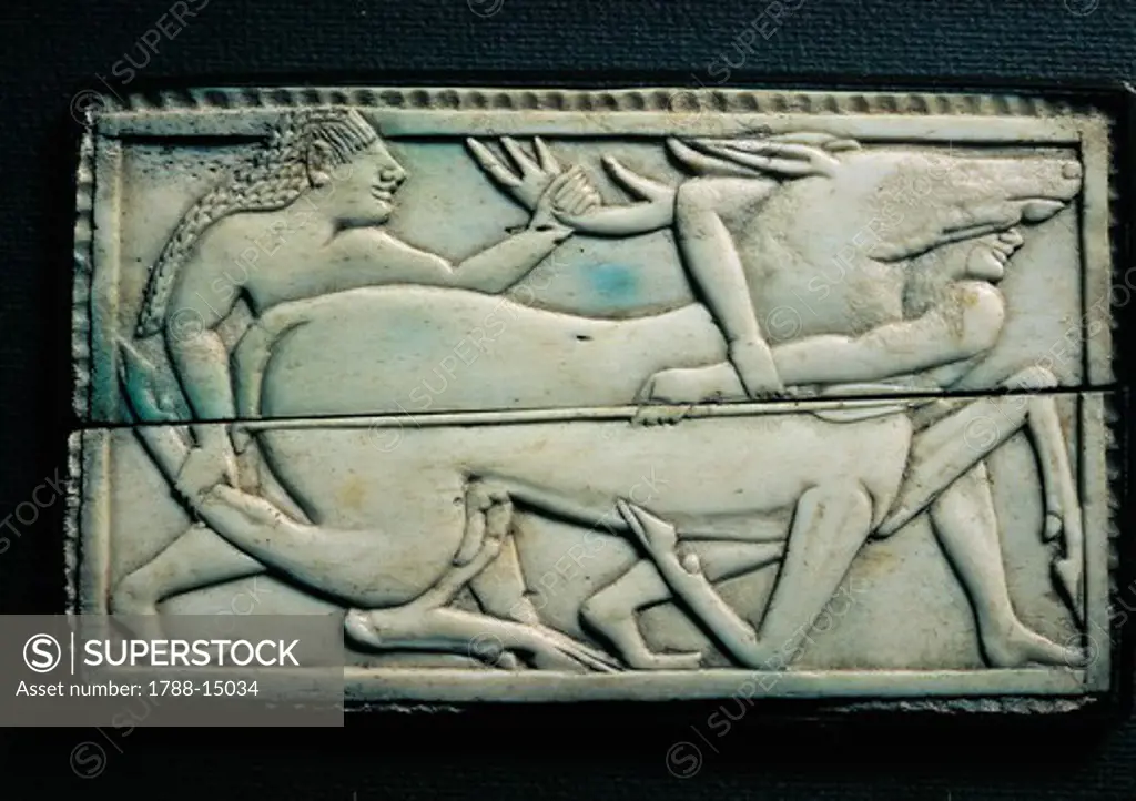 Etruscan civilization, Small ivory plate with image of deer hunting, From Orvieto, Terni Province