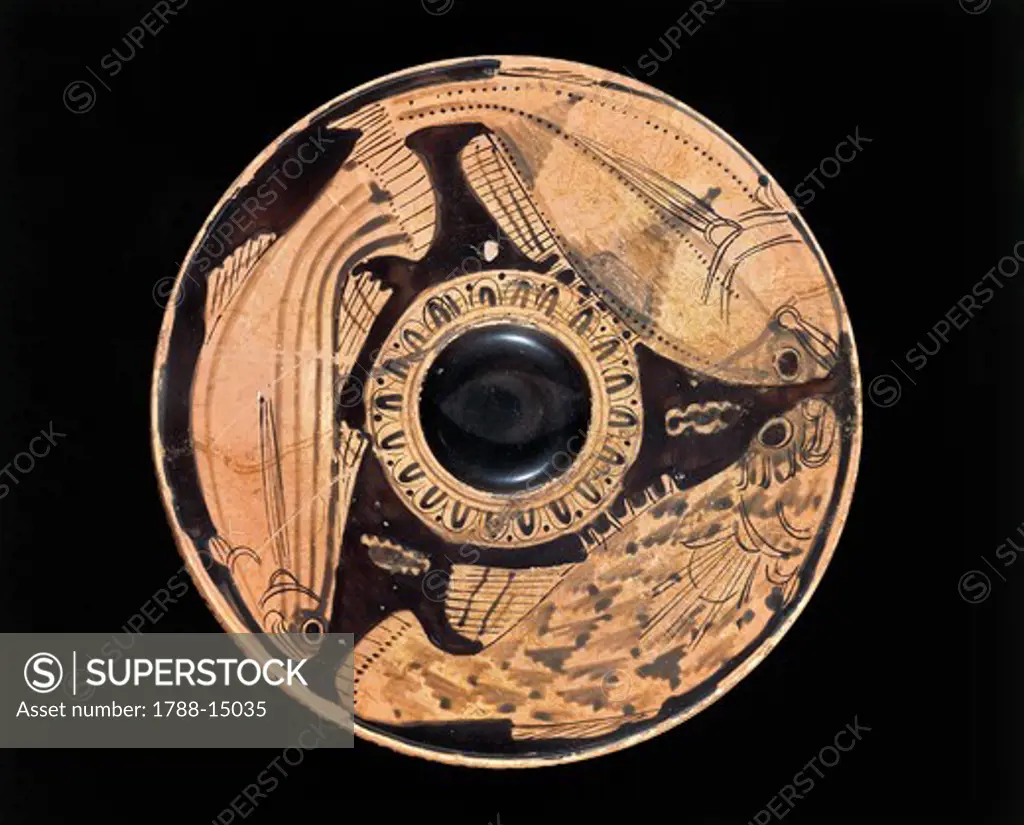 Etruscan civilization, Red-figure pottery, Plate depicting fish, From Spina, Ferrara Province