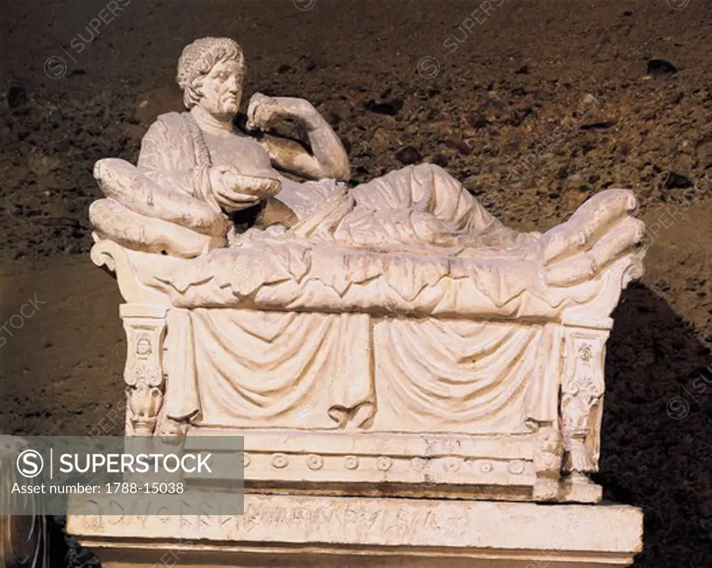 Italy, Umbria Region, Near Perugia, Hypogeum of Volumni, Etruscan tomb with urn of Arunte Volumnio's family
