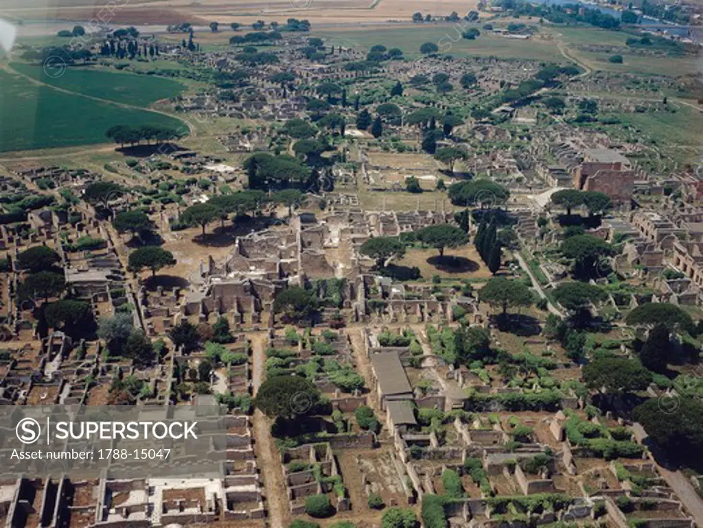 Italy, Latium Region, Ostia Antica, aerial view of Roman excavations