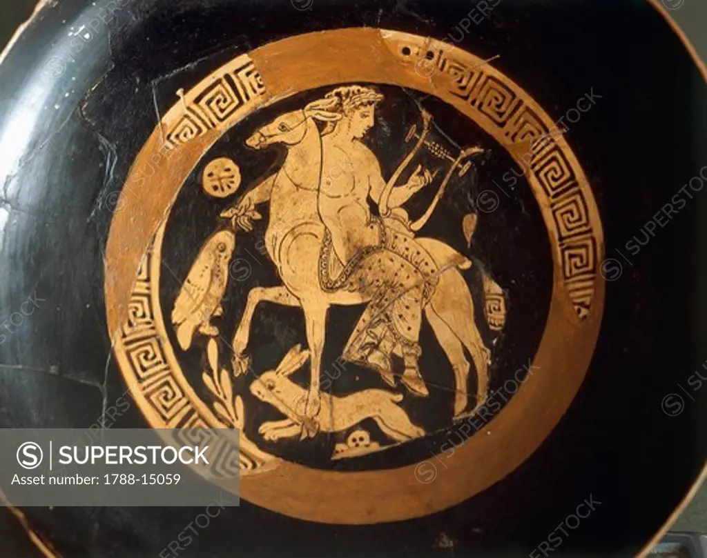 Italic civilization, Red-figure pottery, Kylix with Apollo on mule, from Falerii Veteres (Latium Region)