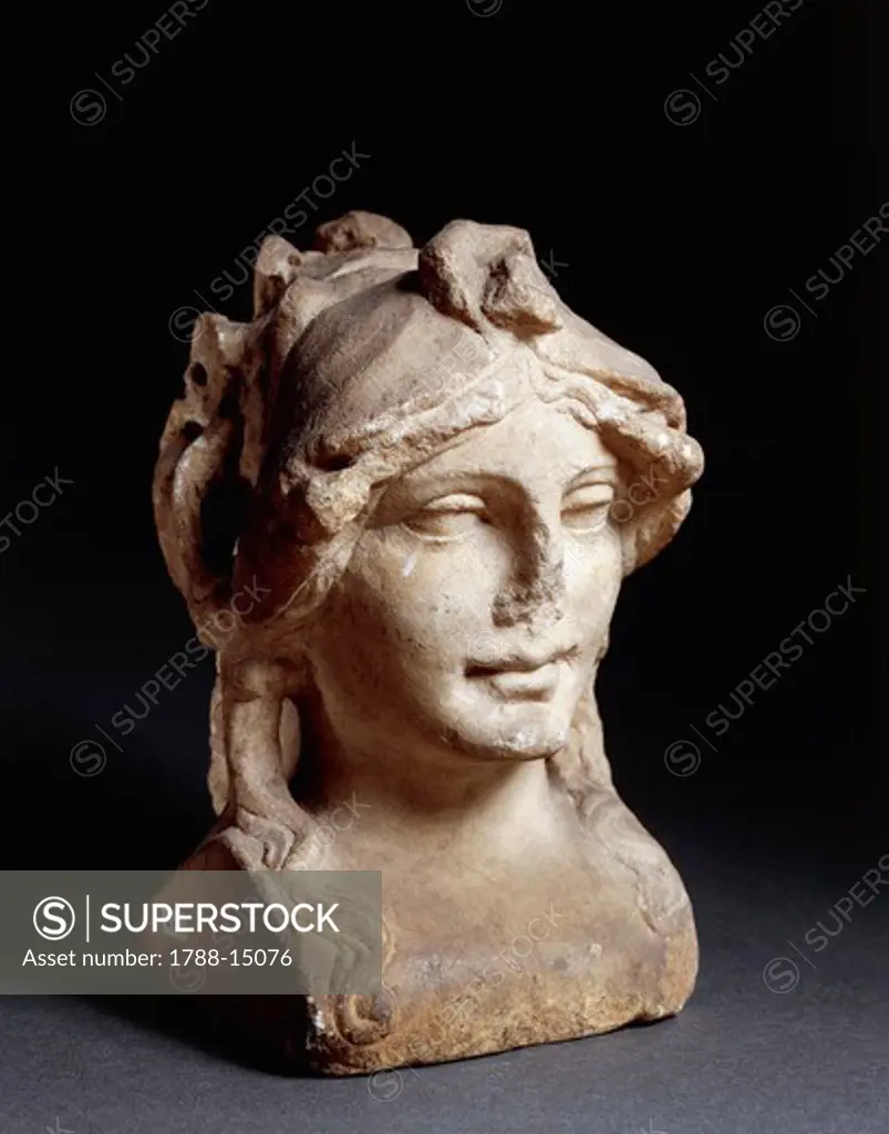 Roman civilization. White marble head of young woman