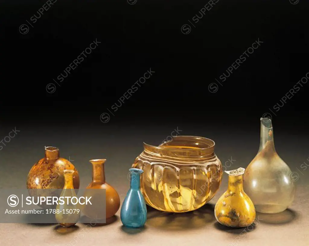Roman civilization. Glass containers of various sizes, ointment bottles, containers