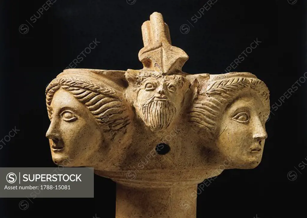 Italic civilizations, terracotta (kernos) bowl with two female figures and head of Achelous (river god) from Lavinio, Italy