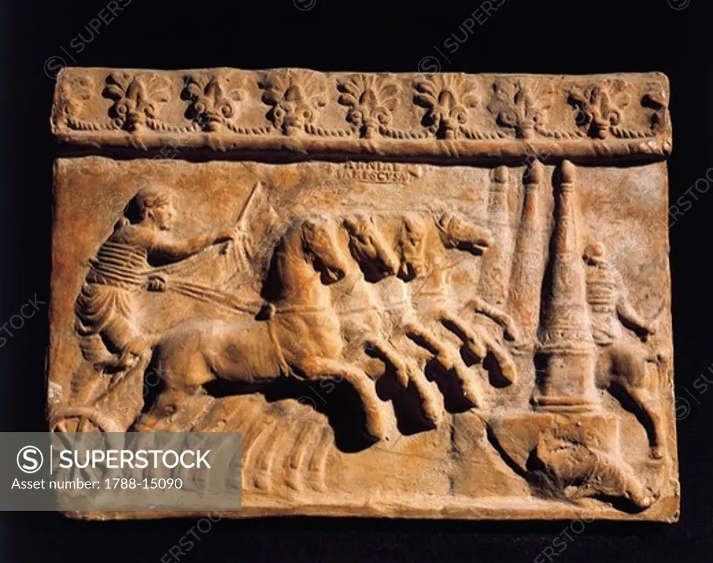 Roman civilization, terracotta relief depicting quadriga (two-wheeled chariot) in circus