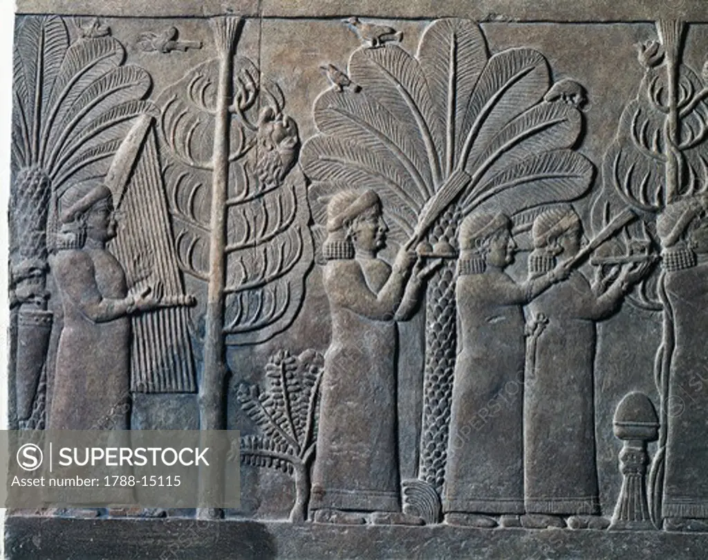 Assyrian civilization, relief with Ashurbanipal celebrating with his queen, detail of maids' procession, from Nineveh